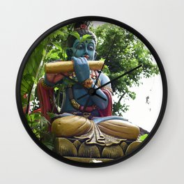 Blue Balinese Buddhist Statue in Garden Wall Clock