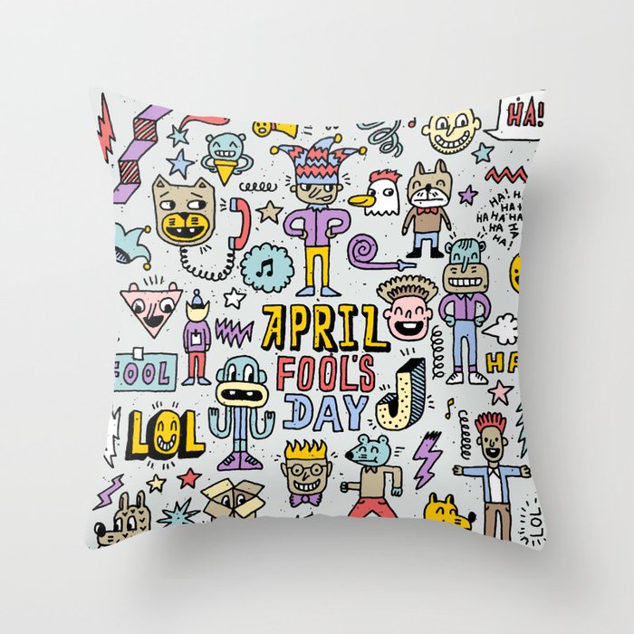 April fools day funny doodle colorful set 1. Vintage illustration. Hand drawn.  Throw Pillow