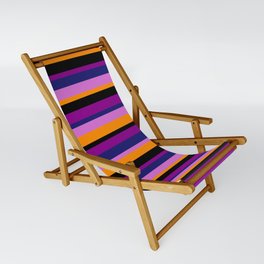 [ Thumbnail: Midnight Blue, Orchid, Dark Orange, Black, and Dark Magenta Colored Lined Pattern Sling Chair ]