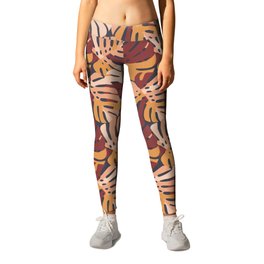Color Block Monstera Leaves in Maroon Leggings | Tropical, Curated, Leaves, Lathequill, Colorblock, Latheandquill, Redtones, Orange, Yellow, Red 