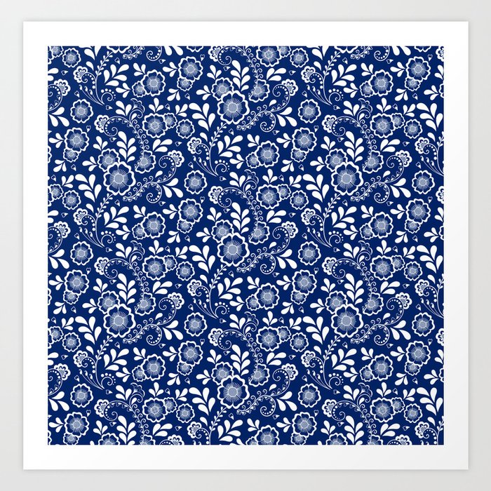 Blue And White Eastern Floral Pattern Art Print