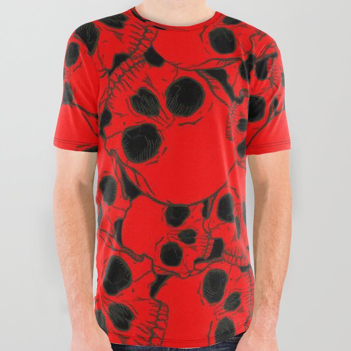 Red Black Skull Pattern All Over Graphic Tee