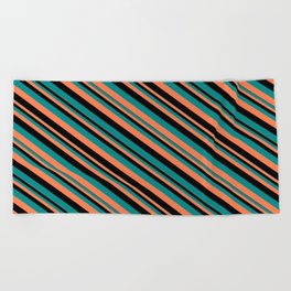 [ Thumbnail: Black, Dark Cyan & Coral Colored Striped Pattern Beach Towel ]