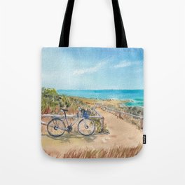 Bicycle at a sunny beach Tote Bag
