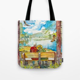 Couple on bench at Goldwater Lake Tote Bag