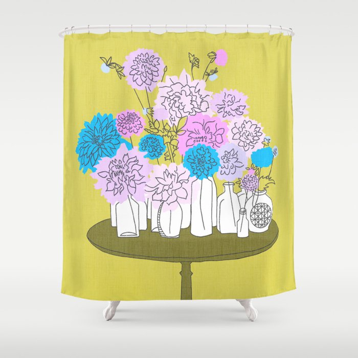 Mid-Century Bottle Bouquet Blue and Pink Shower Curtain