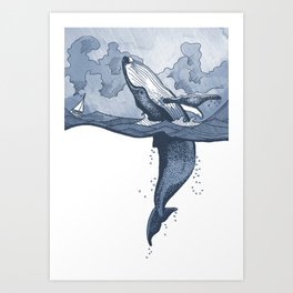 Hump Back Whale breaching in Stormy Seas with tiny boat - nautical themed illustration Art Print