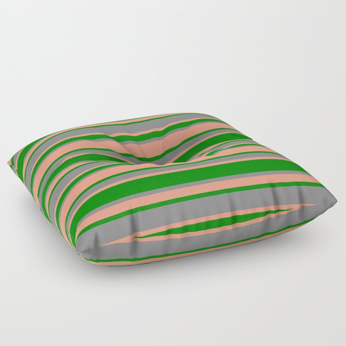 Grey, Dark Salmon & Green Colored Lines Pattern Floor Pillow