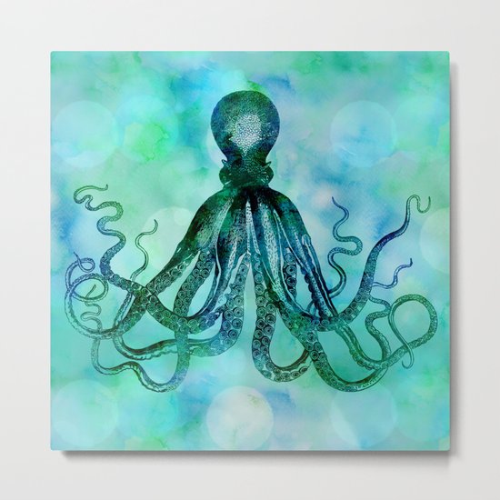 Octopus blue green mixed media underwater artwork Metal Print