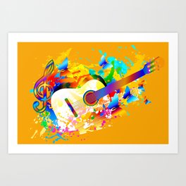 Music instruments colorful painting, guitar, treble clef, butterfly Art Print