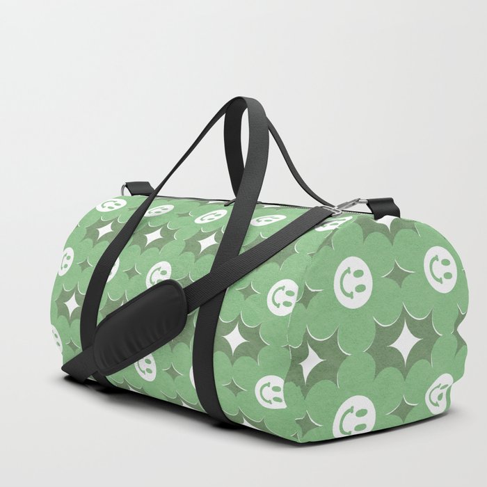 Retro happy smiley blooms pattern  # green tropical Duffle Bag