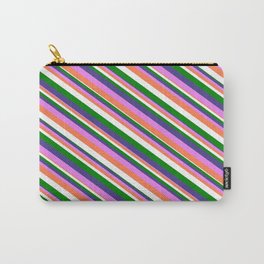 [ Thumbnail: Dark Slate Blue, Violet, Coral, White, and Green Colored Lined/Striped Pattern Carry-All Pouch ]