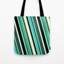 [ Thumbnail: Colorful Dark Slate Gray, Turquoise, Light Yellow, Sea Green, and Black Colored Lined Pattern Tote Bag ]