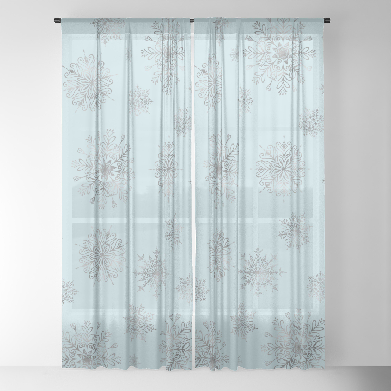 Assorted Silver Snowflakes On Light Blue Background Sheer Curtain