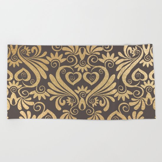 Gold swirls damask #5 Beach Towel