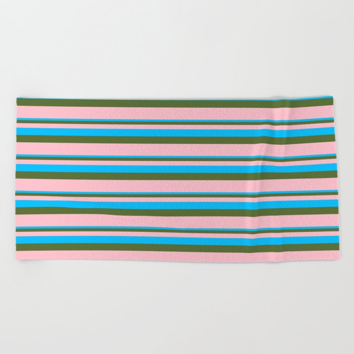 Deep Sky Blue, Dark Olive Green & Pink Colored Lined/Striped Pattern Beach Towel
