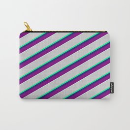 [ Thumbnail: Vibrant Light Gray, Green, Midnight Blue, Purple & Light Cyan Colored Striped/Lined Pattern Carry-All Pouch ]