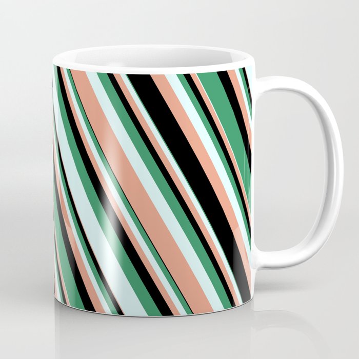 Sea Green, Light Cyan, Dark Salmon, and Black Colored Striped/Lined Pattern Coffee Mug