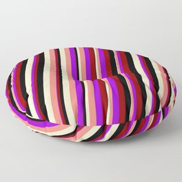 [ Thumbnail: Vibrant Dark Violet, Dark Red, Black, Bisque, and Salmon Colored Stripes Pattern Floor Pillow ]