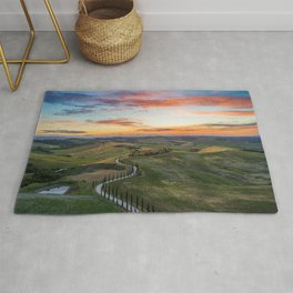 AERIAL PHOTOGRAPHY OF ROAD BETWEEN TREES UNDER WHITE CLOUDY SKY Rug
