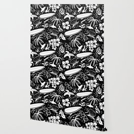 Black and White Surfing Summer Beach Objects Seamless Pattern  Wallpaper