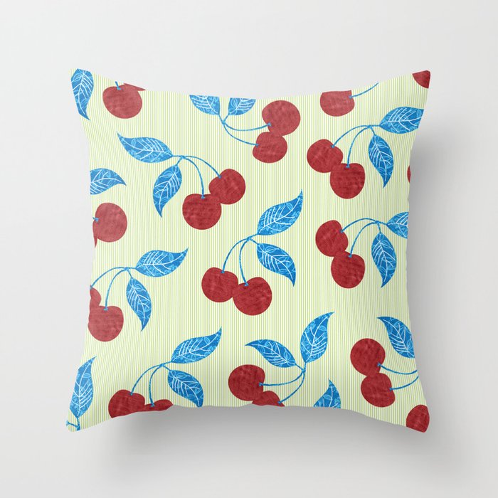Rustic Farmhouse Fruit Red Cherries with Blue Leaves on Green and White Stripes Throw Pillow