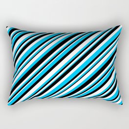[ Thumbnail: Deep Sky Blue, Black, and White Colored Lined Pattern Rectangular Pillow ]
