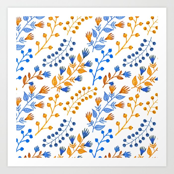 Orange Brown Navy Blue Hand Painted Watercolor Berries Floral Art