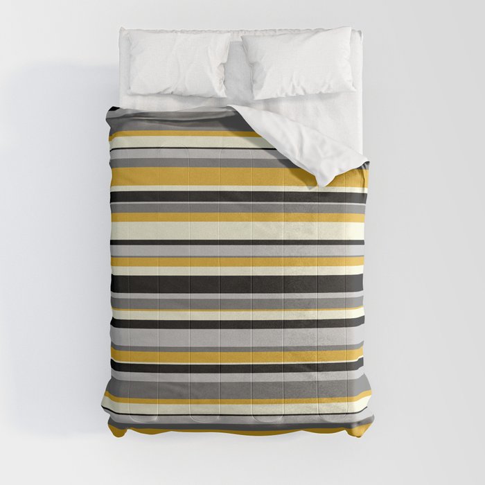 Eyecatching Dim Grey, Goldenrod, Beige, Black & Grey Colored Pattern of Stripes Comforter
