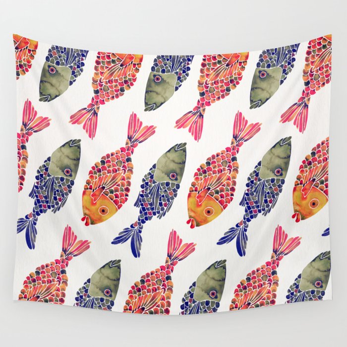 Indonesian Fish Duo – Navy & Coral Palette Wall Tapestry