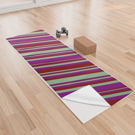 [ Thumbnail: Dark Sea Green, Purple, and Maroon Colored Striped/Lined Pattern Yoga Towel ]