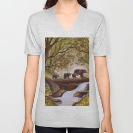 Brown Bears Crossing A Creek At Waterfall V Neck T Shirt