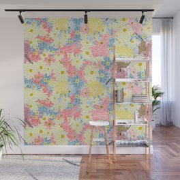 Flower Power Bold Multicolored Pink Yellow Blue Botanical Pattern Wall Mural