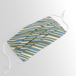 [ Thumbnail: Bisque, Blue, and Dark Olive Green Colored Lines/Stripes Pattern Face Mask ]