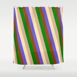 [ Thumbnail: Eye-catching Brown, Green, Tan, Beige & Slate Blue Colored Pattern of Stripes Shower Curtain ]