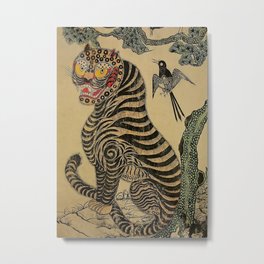 Striped Vintage Minhwa Tiger and Magpie Metal Print | Foolish, Fur, Vintage, Korean, Corrupt, Stripes, Culture, Painting, Folklore, Tiger 