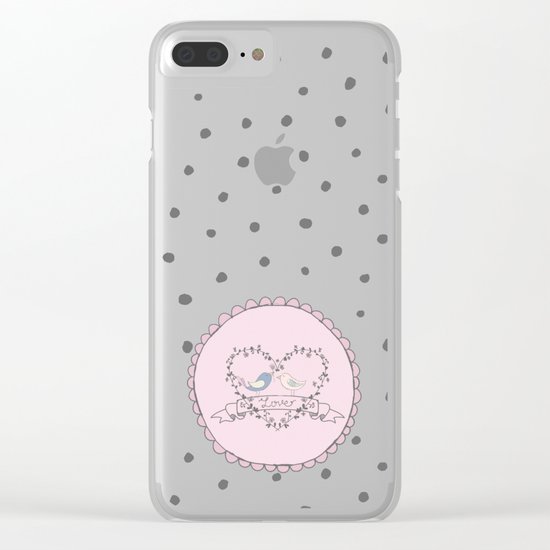 Birds Love- Typography and grey dots on pink backround Clear iPhone Case