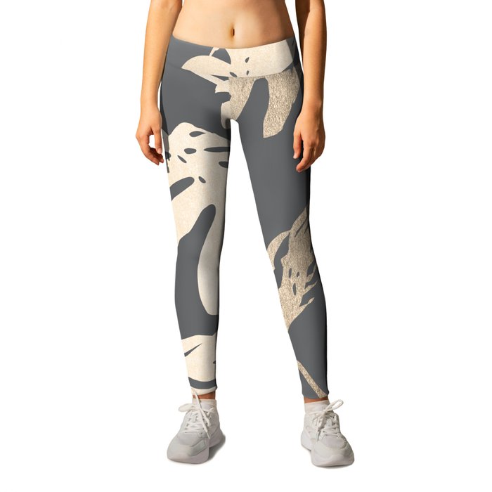 Simply Tropical Palm Leaves White Gold Sands on Storm Gray Leggings