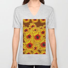 Coffee Brown & Red Centered Yellow Sunflowers Unisex V-Neck