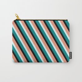 [ Thumbnail: Dark Salmon, Light Cyan, Teal & Black Colored Lined/Striped Pattern Carry-All Pouch ]
