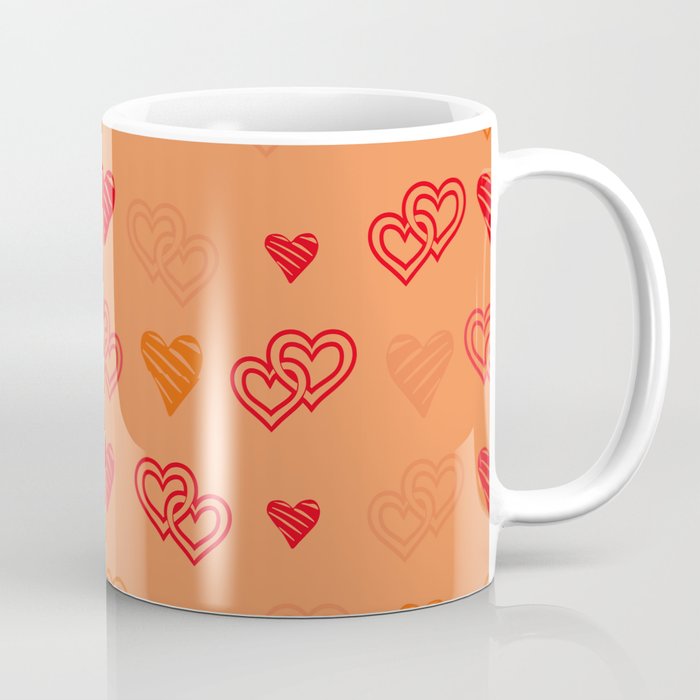 Hearts on a orange background. For Valentine's Day. Vector drawing for February 14th. SEAMLESS PATTERN WITH HEARTS. Anniversary drawing. For wallpaper, background, postcards. Coffee Mug