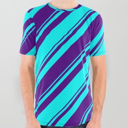 [ Thumbnail: Aqua & Indigo Colored Lined/Striped Pattern All Over Graphic Tee ]