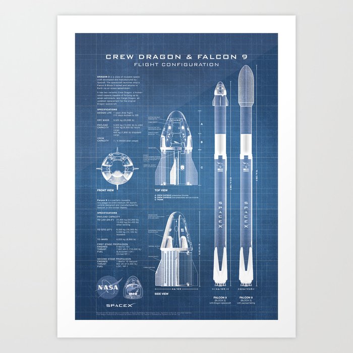 NASA SpaceX Crew Dragon Spacecraft & Falcon 9 Rocket Blueprint in High Resolution (light blue) Art Print