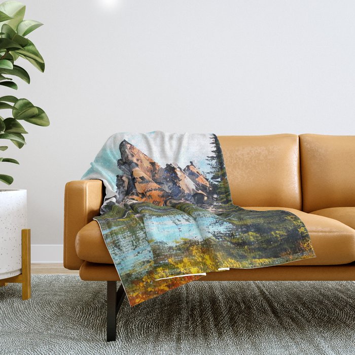 Bob Ross inspired Mountain Artwork Throw Blanket by Kitslam Society6