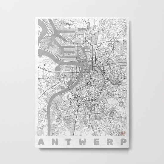 Antwerp Map Line Metal Print