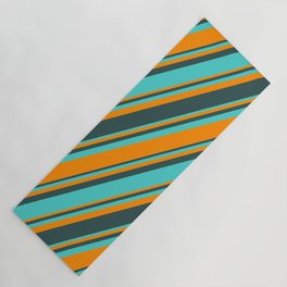[ Thumbnail: Turquoise, Dark Orange & Dark Slate Gray Colored Pattern of Stripes Yoga Mat ]