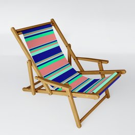 [ Thumbnail: Aquamarine, Dark Blue, Green & Light Coral Colored Stripes Pattern Sling Chair ]
