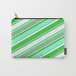 [ Thumbnail: Aquamarine, Dark Sea Green, Mint Cream & Lime Green Colored Lined Pattern Carry-All Pouch ]
