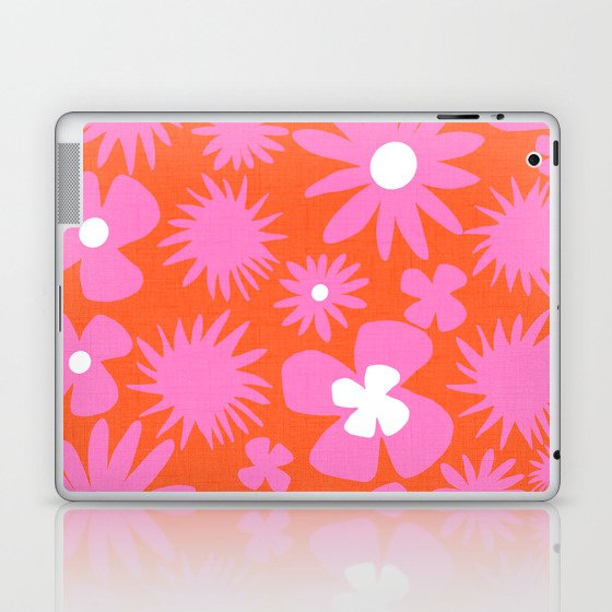 Hot Pink On Retro Red Wild Flowers Laptop & iPad Skin