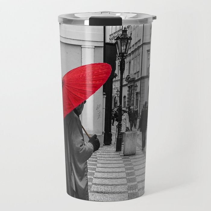 The Red Umbrella cityscape black and white photograph / art photography Travel Mug